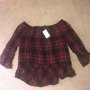 Off the shoulder plaid fluffy top